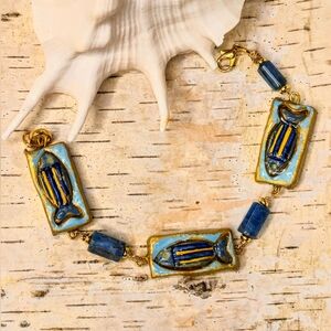 Santorini Inspired Handpainted Blue Fish Tiles & Apatite In Artisan Bracelet